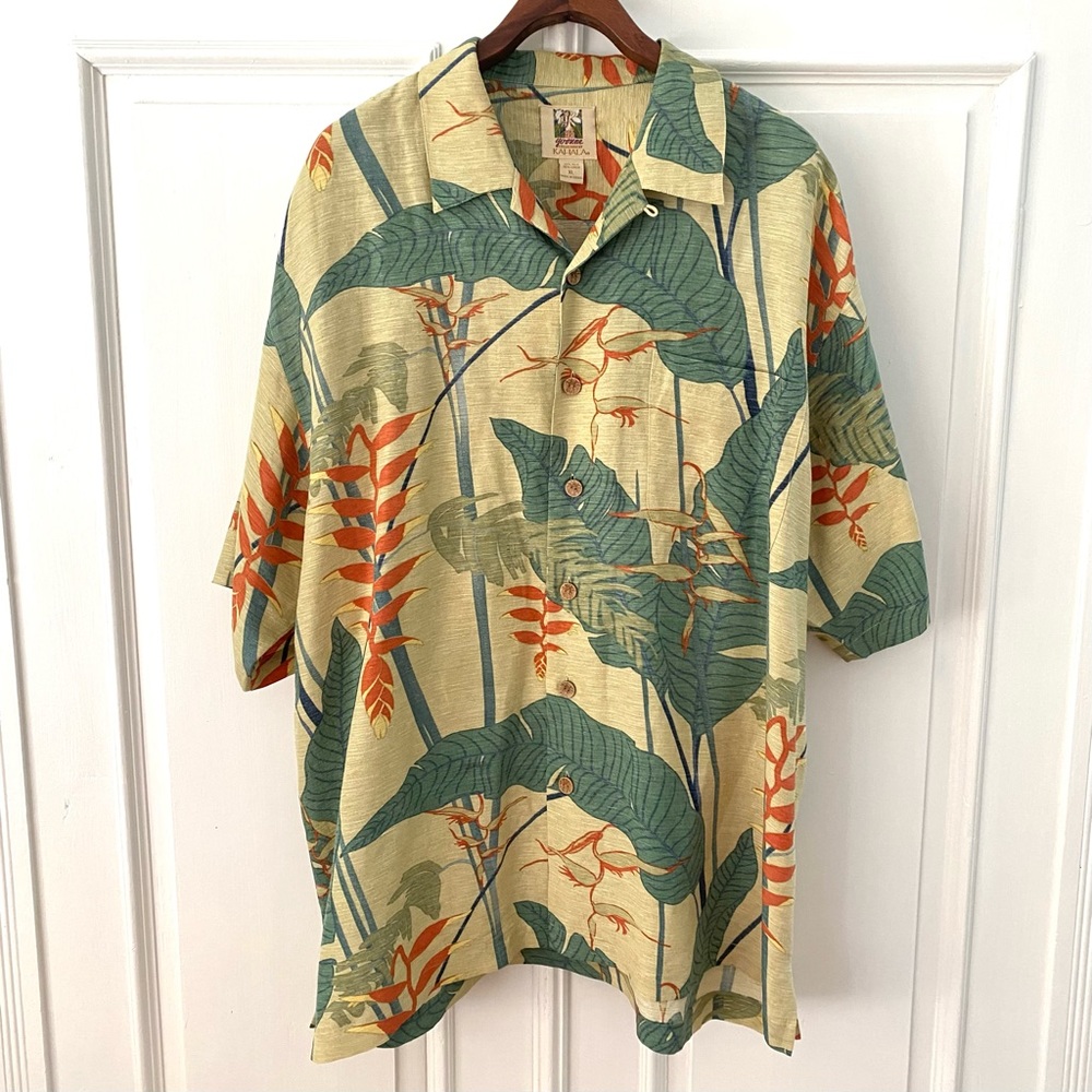 Kahala Tropical Hawaiian Islands Silk Linen Button Down Short Sleeve Shirt